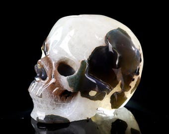 Escultura de calavera de ágata geoda tallada a mano de 5 pulgadas, decoración de piedra natural.