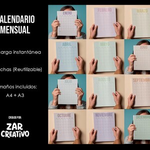 Puede incluir: Un calendario mensual con una paleta de colores pastel, que presenta los meses de enero a diciembre. Cada mes se muestra en una hoja de papel separada, sostenida por una persona. El calendario incluye el texto "CALENDARIO MENSUAL" y "ZAR CREATIVO".