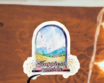 Happiest Outside Sticker, Nature Lover Vinyl Sticker, Cottagecore Landscape Decal, Nature and Travel Vinyl Sticker, Outdoor Lover Gift