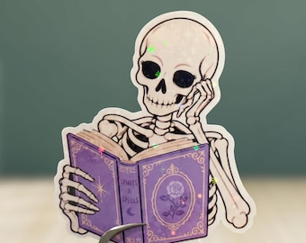 Skeleton Reading Sticker, Book Lover Sticker, Bookish Gothic Sticker, Dark Academia Decal, Spooky Bookworm Sticker, Fantasy Reader Gift