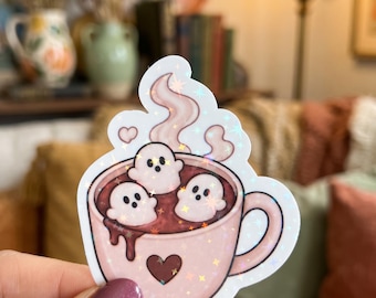 Ghost Hot Chocolate Sticker, Cute Cozy Ghost Sticker, Spooky Hot Cocoa Decal, Fall Halloween Sticker, Cozy Season Gift, Ghost Marshmallow