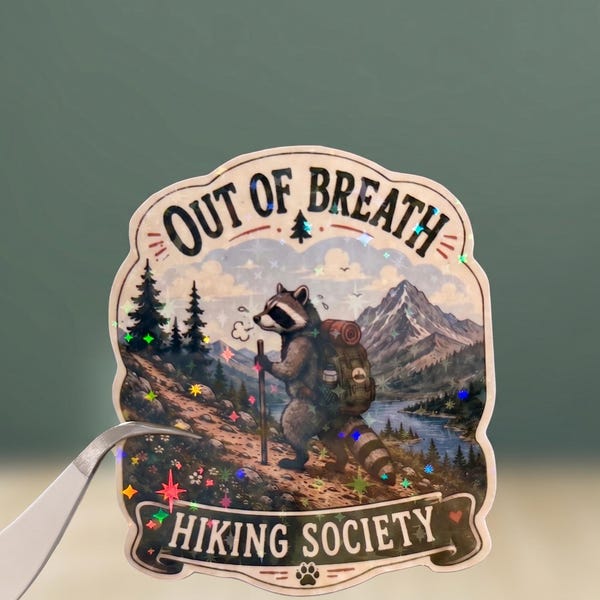 Out of Breath Hiking Society Sticker, Funny Hiking Raccoon Sticker, Retro Trash Panda Decal, Outdoor Adventure Sticker, Backpacking Decal