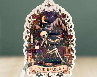 The Reader Sticker, Gothic Book Lover Sticker, Skeleton Reading Decal, Dark Academia Bookish Sticker, Fantasy Reader Gift, Bookworm Gift