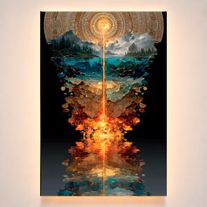 May include: A rectangular wall art piece featuring a vertical composition. At the top, a golden circular sun-like emblem radiates light. Below, a landscape of mountains and forests transitions into a glowing, molten orange lava flow.