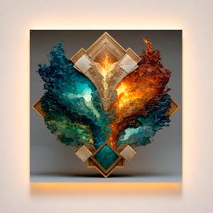 May include: A square wall art piece featuring a central geometric gold frame enclosing a dynamic composition of swirling blue and orange crystalline textures. The design contrasts cool teal and deep blue tones with vibrant fiery orange and red hues.