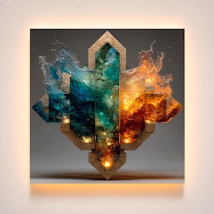 May include: A square wall art piece featuring a central geometric frame with a textured gold finish. The design displays a split composition with blue water-like splashes on the left and orange fire-like elements on the right, illuminated from within.