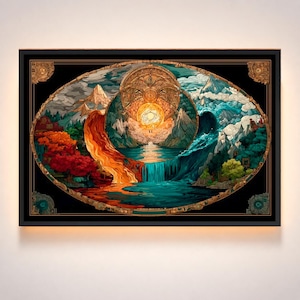 Può includere: Un'opera d'arte da parete rettangolare incorniciata che presenta un'illustrazione ovale di un paesaggio diviso tra fuoco e acqua. Il lato sinistro mostra lava arancione e alberi rossi, mentre il lato destro raffigura onde blu e montagne.