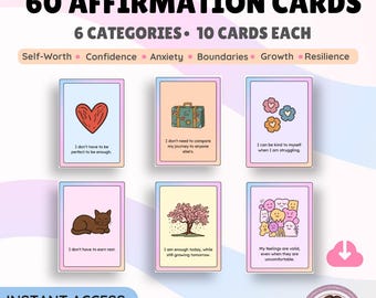 60 Affirmationskarten, Therapie-Affirmationen, Karten mit angstreduzierenden Bewältigungsstrategien, Karten zur Stärkung des Selbstwertgefühls, Therapieressource (Digitaler Download)