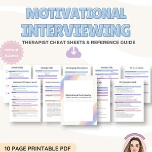 May include: A 10-page printable PDF reference guide titled Motivational Interviewing Therapist Cheat Sheets. The document set includes sections on OARS skills, change talk, developing discrepancy, sustain talk, and a question bank with pastel accents.