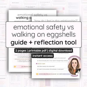 Puede incluir: Una guía digital titulada "seguridad emocional vs. caminar sobre cáscaras de huevo" con una herramienta de reflexión. La guía incluye preguntas sobre relaciones y sentimientos. La imagen también incluye el texto "acceso instantáneo" y un gráfico de una mujer y un gato.