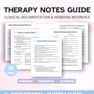 Könnte beinhalten: Ein 10-seitiger Leitfaden für Therapiemitschriften mit klinischer Dokumentation und Formulierungsreferenzen. Das Dokument enthält Abschnitte zu objektiver und subjektiver Sprache, Dokumentationsfehlern und Prinzipien der Dokumentation.