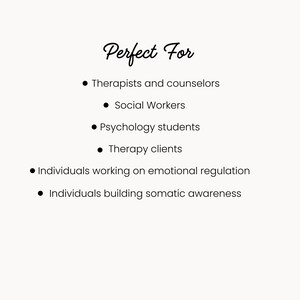 Puede incluir: Fondo color crema con el texto "Perfect For" en fuente cursiva. Vi&ntilde;etas enumeran: Terapeutas y consejeros, Trabajadores sociales, Estudiantes de psicolog&iacute;a, Clientes de terapia, Individuos que trabajan en la regulaci&oacute;n emocional y la conciencia som&aacute;tica.