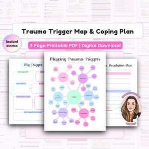 May include: A digital download featuring a Trauma Trigger Map & Coping Plan. The printable PDF includes a 3-page layout with sections for mapping triggers, emotions, behaviors, and regulation. The design incorporates pastel colors and a diagram-style layout.