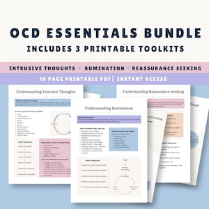 Könnte beinhalten: Ein Bundle aus drei druckbaren Toolkits für OCD-Essentials. Der Titeltext lautet "OCD Essentials Bundle" und enthält Informationen zu aufdringlichen Gedanken, Grübeln und dem Streben nach Rückversicherung. Das Bundle ist ein 16-seitiges PDF mit sofortigem Zugriff.