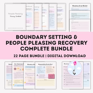 May include: A digital download bundle with the title "Boundary Setting & People Pleasing Recovery Complete Bundle". The bundle includes a workbook, feelings guide, practice sheets, and a boundary script builder. The cover of the workbook reads "People Pleasing Recovery Workbook".