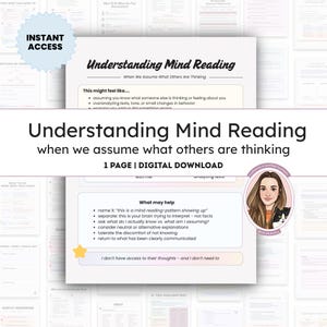 May include: Digital download titled "Understanding Mind Reading" with text explaining the concept. The image includes a light blue starburst with "Instant Access" and a portrait of a woman with a cat.