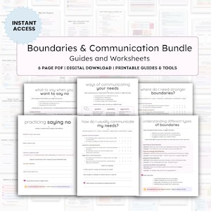 May include: A digital download bundle titled "Boundaries & Communication Bundle" with guides and worksheets. The bundle includes printable tools and resources for self-help, with pages discussing communication, boundaries, and saying no. The text "Instant Access" is also visible.
