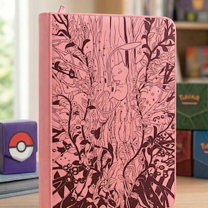 May include: A pink zippered binder featuring a dark pink line art illustration of the character Mew floating in front of a tree trunk surrounded by intricate branches, leaves, and small flowers. The binder has a smooth, solid pink spine.
