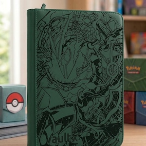 May include: A dark green zippered trading card binder featuring a black line art illustration of a legendary creature on the front cover. The bottom left corner of the cover displays the embossed text Vault X in a stylized font.