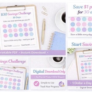 Puede incluir: Una descarga digital con un desafío de ahorro de $30. El diseño incluye una carpeta con un rastreador de ahorro, texto que dice "¡Ahorra $1 por día durante 30 días!" y círculos de colores para rastrear los ahorros. También incluye texto que dice "¡Empieza a ahorrar hoy!"