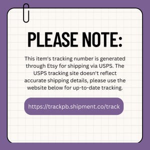 May include: A purple background with a white grid pattern. The text "PLEASE NOTE:" is in bold black letters. Below, the text explains the item's tracking number is generated through Etsy for USPS shipping. A link is provided.