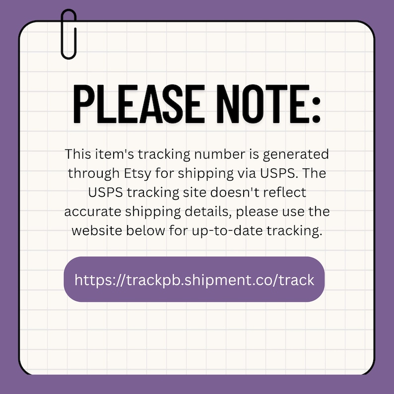 May include: A purple background with a white grid pattern. The text "PLEASE NOTE:" is in bold black letters. Below, the text explains the item's tracking number is generated through Etsy for USPS shipping. A link is provided.