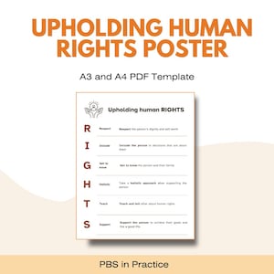 Pode incluir: Um cartaz branco com texto laranja intitulado UPHOLDING HUMAN RIGHTS POSTER A3 and A4 PDF Template. O cartaz apresenta um acrónimo para RIGHTS com pontos para Respect, Include, Get to know, Holistic, Teach e Support.