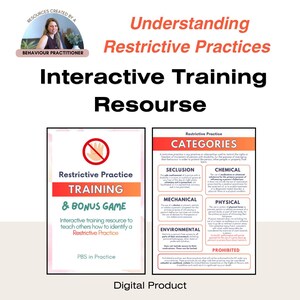 May include: An educational digital resource titled "Understanding Restrictive Practices." The image features two informational posters. One poster says "Restrictive Practice Training & Bonus Game." The other poster lists categories of restrictive practices.