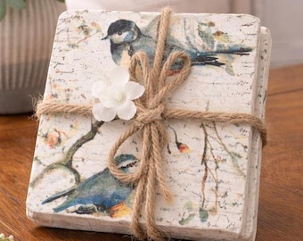Rustic Natural Bird Coasters, Set of 4, Vintage Cottage Decor, Housewarming Gift