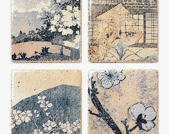 Japanese Floral Travertine Coasters – Rustic Botanical Stone Drinkware Set- Set of 4