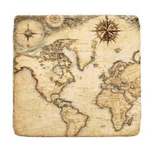 May include: Square coaster featuring a vintage world map design with compass rose details. The map is in shades of brown and beige, with intricate lines depicting continents and oceans. The coaster has a slightly distressed, aged appearance.