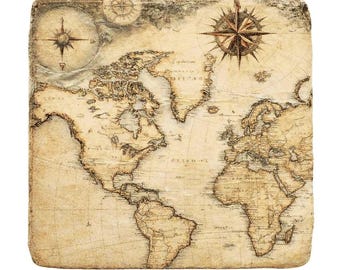 World Map Coasters – Set of 4 Antique Rustic Tumbled Stone