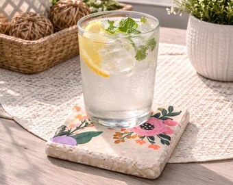 Floral Travertine Stone Coasters – Set of 4, Colorful Cottagecore Decor