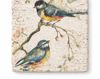Vintage Bird Coasters- Set of 4, Travertine Coasters, Cottage Decor, Botanical
