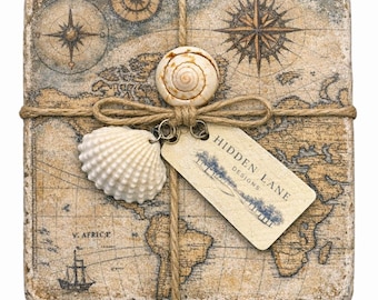 Vintage Map Travertine Coasters – Rustic Coastal Home Decor- Set of 4
