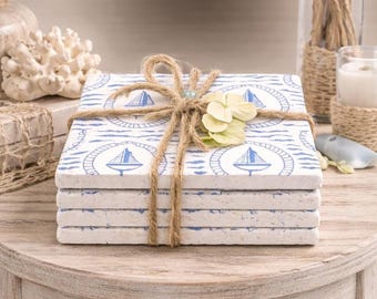 Nautical Coaster Set of 4- Travertine Tiles with Sailboats
