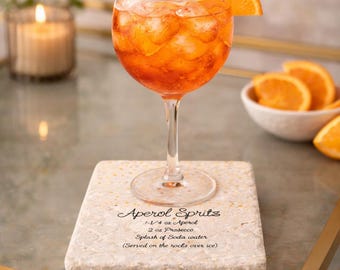 Aperol Spritz Recipe Coasters, Travertine Summer Bar Cart Decor