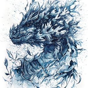 Watercolor Dragon Poster, Mythical Creature Wall Art, Primalism Style Home Decor