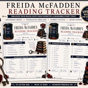 May include: A Freida McFadden reading tracker printable set featuring two pages with book lists, rating sections, and thematic illustrations of keys, roses, and stacked books. The design includes text headers, checkboxes, and columns for tracking titles and ratings.