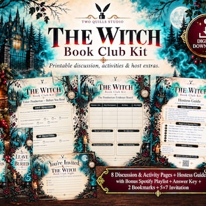 May include: A digital download kit titled The Witch Book Club Kit, featuring printable discussion pages, activity sheets, a hostess guide, bookmarks, and an invitation. The design includes dark forest imagery, a gothic castle, and candles.