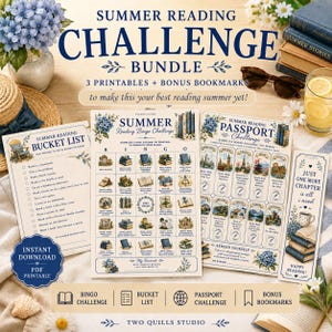 Puede incluir: Un paquete de desafío de lectura de verano que incluye una lista, un bingo, un pasaporte y un marcapáginas. Los materiales impresos muestran ilustraciones de hortensias azules, pilas de libros y texto que incluye Summer Reading Challenge Bundle.
