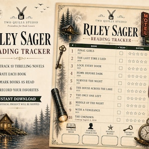 May include: A Riley Sager reading tracker printable featuring a list of ten novels, checkboxes, and star ratings. The design includes a cabin by a lake, a flashlight, a key, a motel keychain labeled Room 237, and a pocket watch on a cream background.