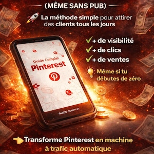 Puede incluir: Gráfico promocional de Pinterest con un smartphone que muestra una guía. Se destaca el texto "Gana tráfico con Pinterest", junto con los beneficios: visibilidad, clics y ventas. Hay billetes y monedas, con la mención "Disponible ahora".