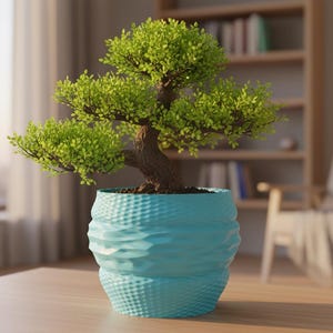 Könnte beinhalten: Ein Bonsai-Baum mit leuchtend grünen Blättern und einem braunen Stamm in einem hellblauen, strukturierten Topf. Der Topf steht auf einem Holztisch, im Hintergrund sind ein Fenster, ein Stuhl und ein Bücherregal zu sehen.