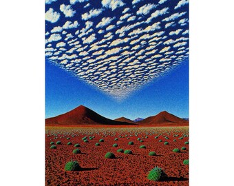 Surreal Desert Landscape Rolled Poster | Geometric Cloud Sky, Red Dunes