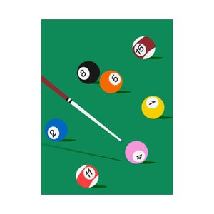 May include: A vector illustration of a pool table with several billiard balls and a cue stick. The balls are numbered and colored, including a yellow 1 ball, a pink 4 ball, and a black 8 ball. The cue stick is aimed at the balls.