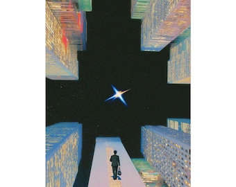 Surreal Cityscape Print | Man Walking Towards Star (Matte, Semi-Glossy, Fine Art)