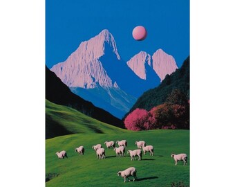Surreal Landscape Print: Sheep, Mountains, Pink Moon (Matte Finish)