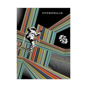 May include: A graphic art print with an astronaut in a colourful, geometric space. The word "INTERSTELLAR" is printed in white at the top. The artwork uses a vibrant palette of rainbow colours and a unique design. The image is predominantly black and white.