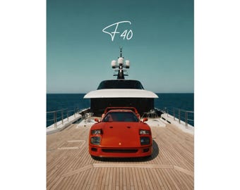 Ferrari F40 Poster | Red Supercar on Yacht Automotive Wall Art (Rolled Poster)